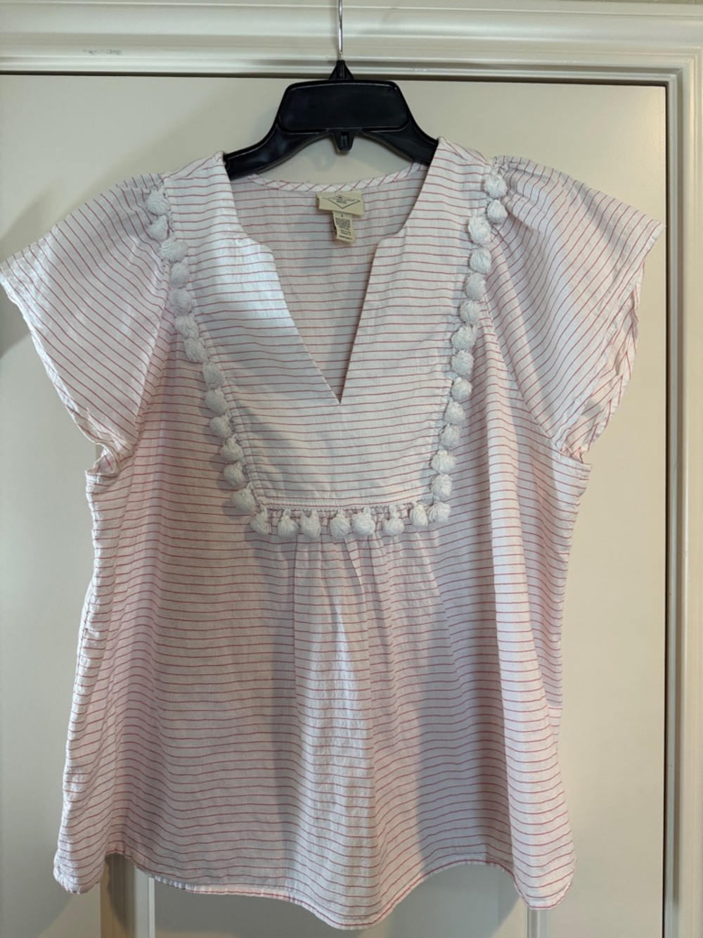 St. John's Bay Light Red Striped Pom-Pom V-Neck Blouse - L